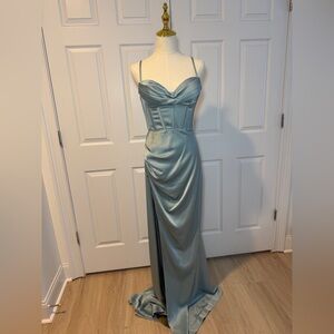 Strapless Satin Evening Dress in Light Blue
